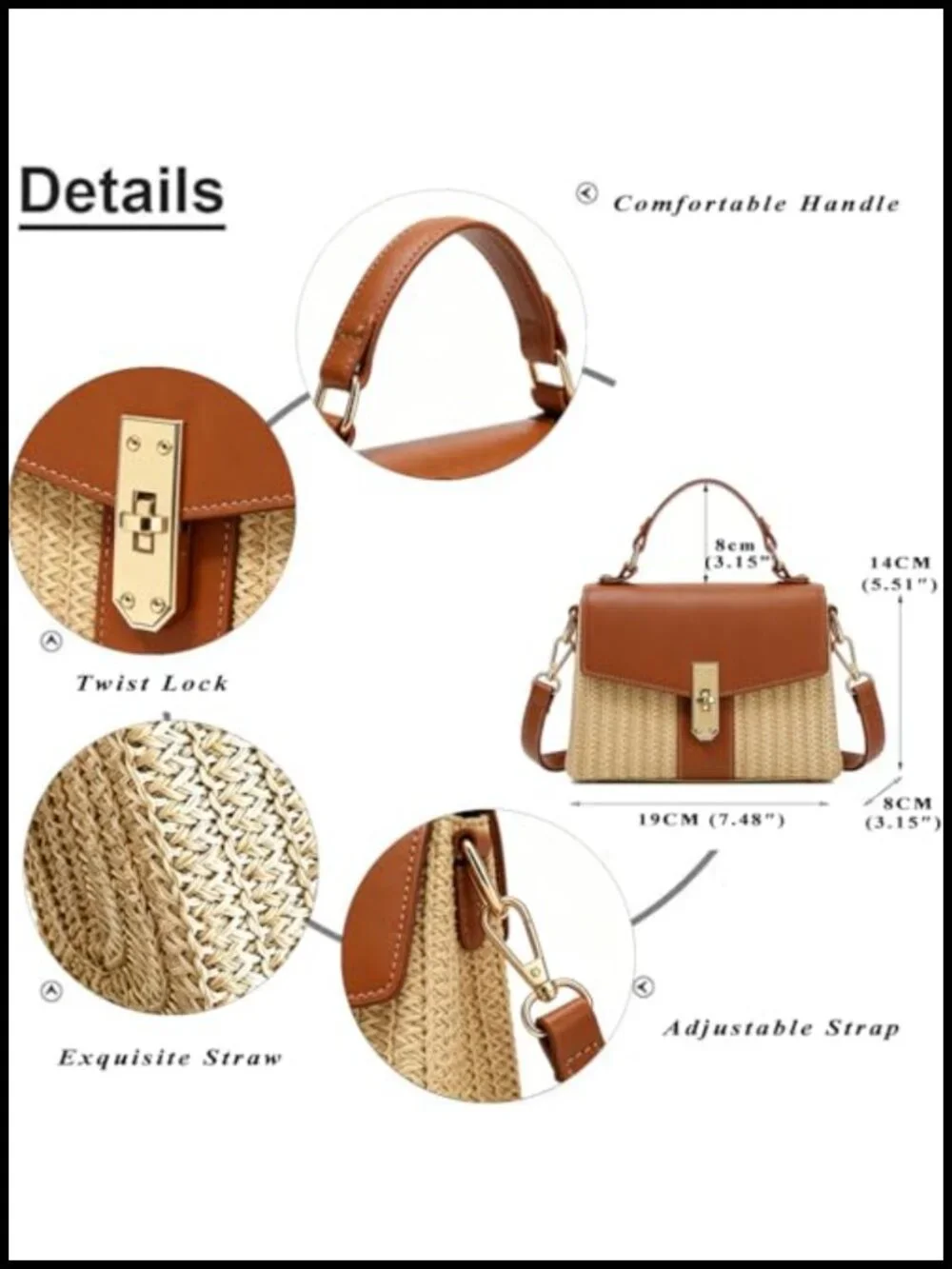 Woven Straw Summer Satchel Handbag Crossbody Beach Purse Women's Vacation Bag